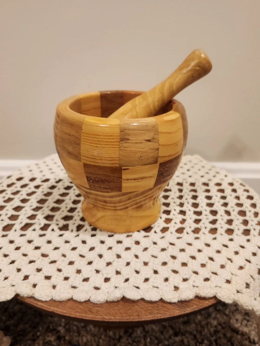 Wooden Mortar and Pestle Set With Checkerboard Pattern